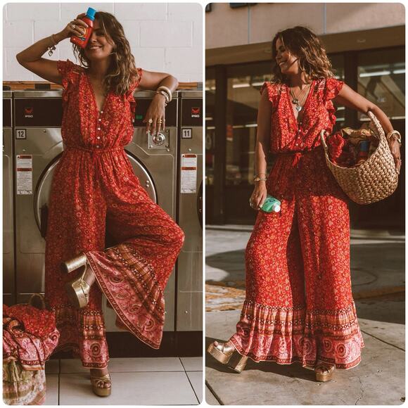 NWT Spell Dahlia Jumpsuit Wide Leg Red Floral Boho Festival Retro embroidered - Picture 2 of 16